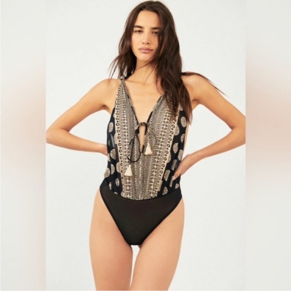 Free People Black and Beige Printed Deep V Bodysuit